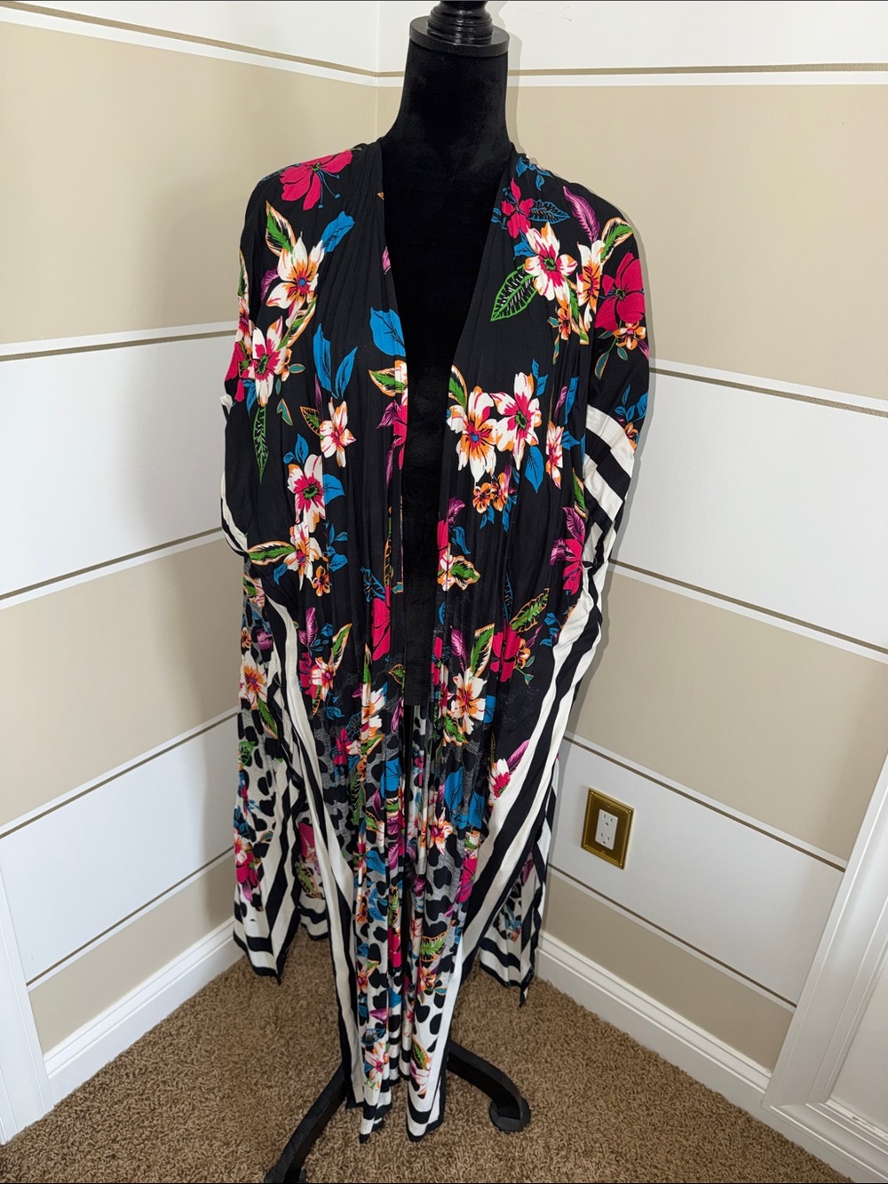 Steve Madden Black Floral V-Neck Top with Pink & Blue Accents